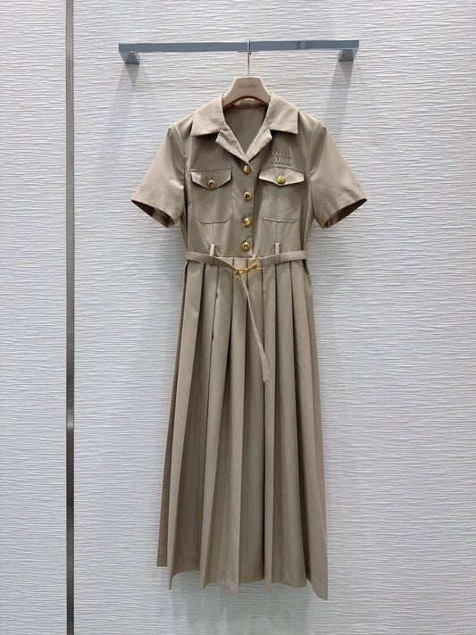 Belted Pleated Shirt Midi Dress