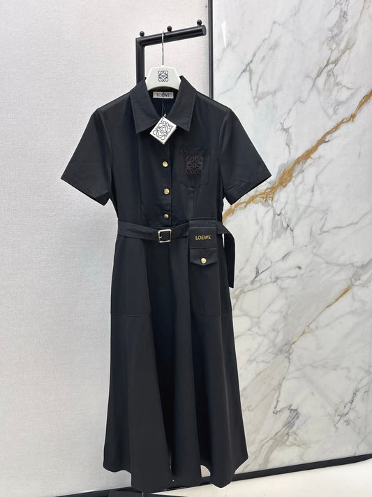Lapel Short Sleeve Pocket Waist Tie Dress