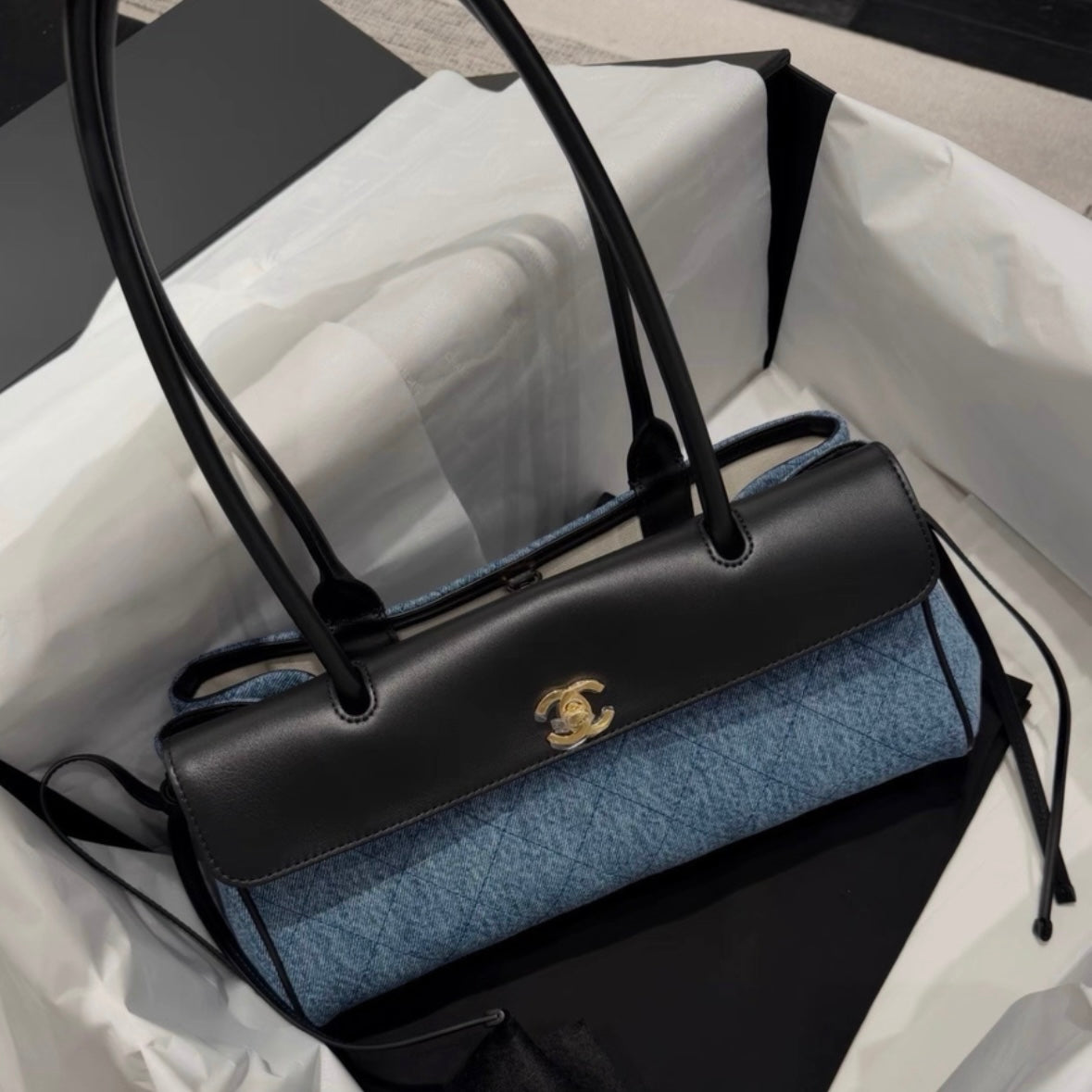 Denim and Leather Baguette Bag