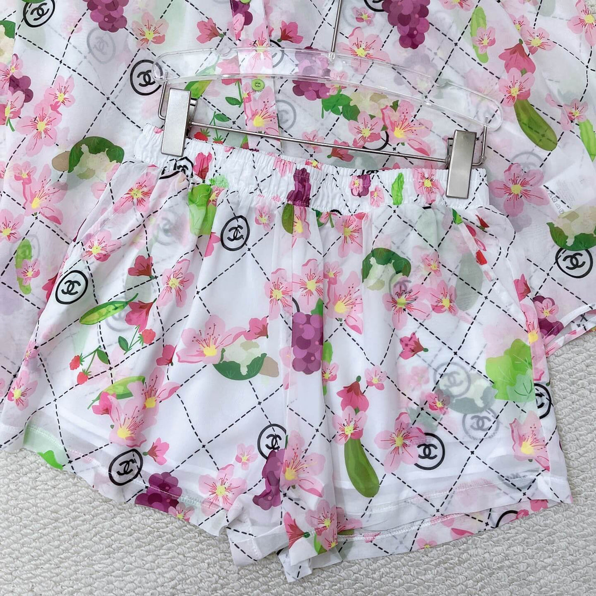 Floral Fruit Print Sheer Shirt Short Set