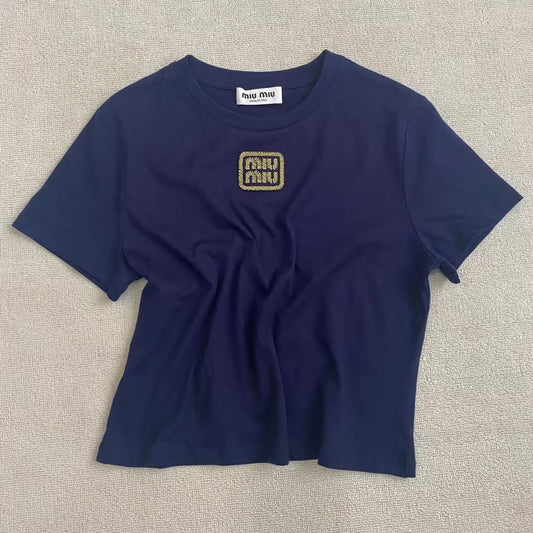 Minimalist Gold Thread Letter Embroidery T-Shirt