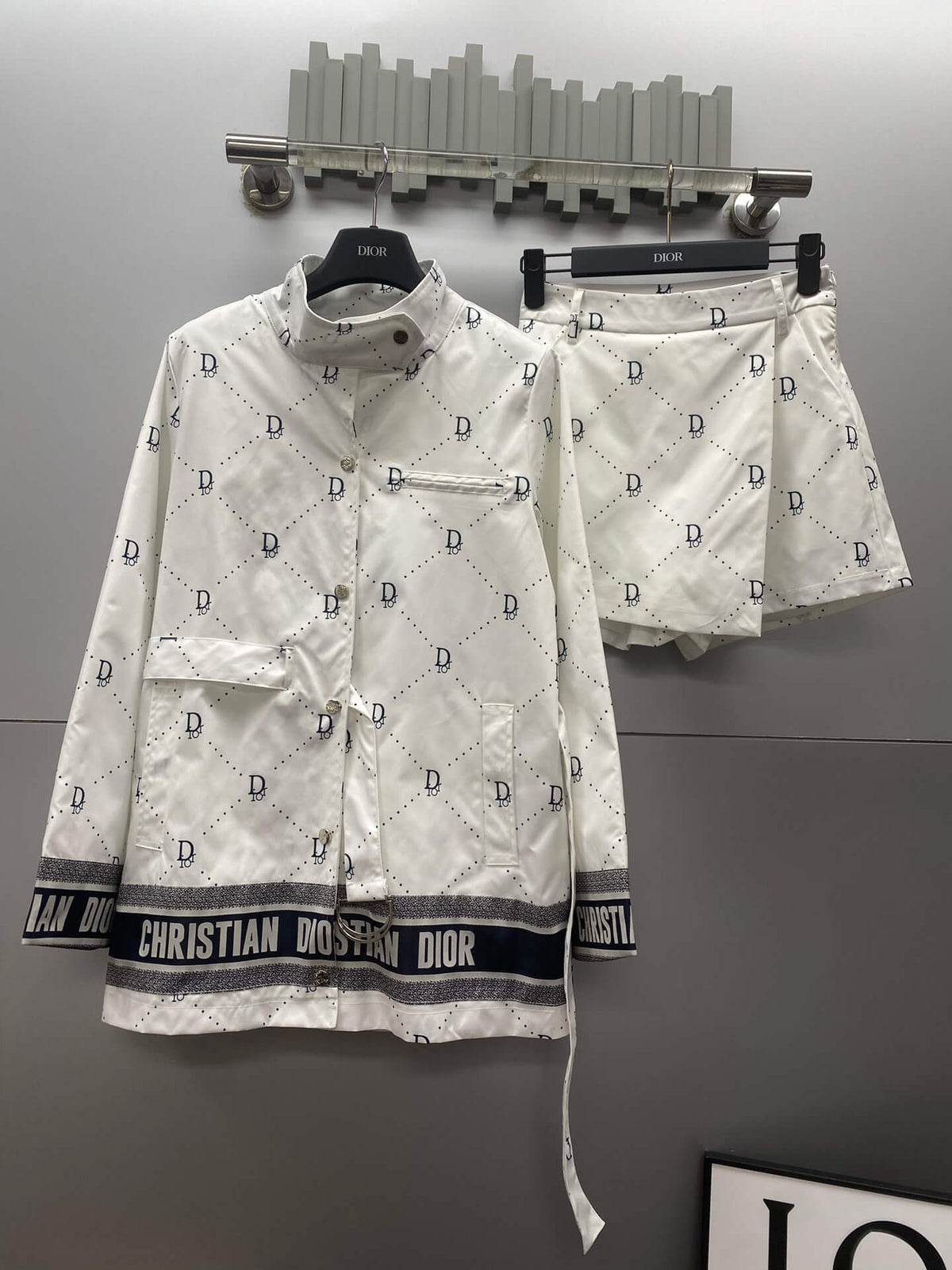 All Over Letter Print Stand Collar Jacket Skort Set