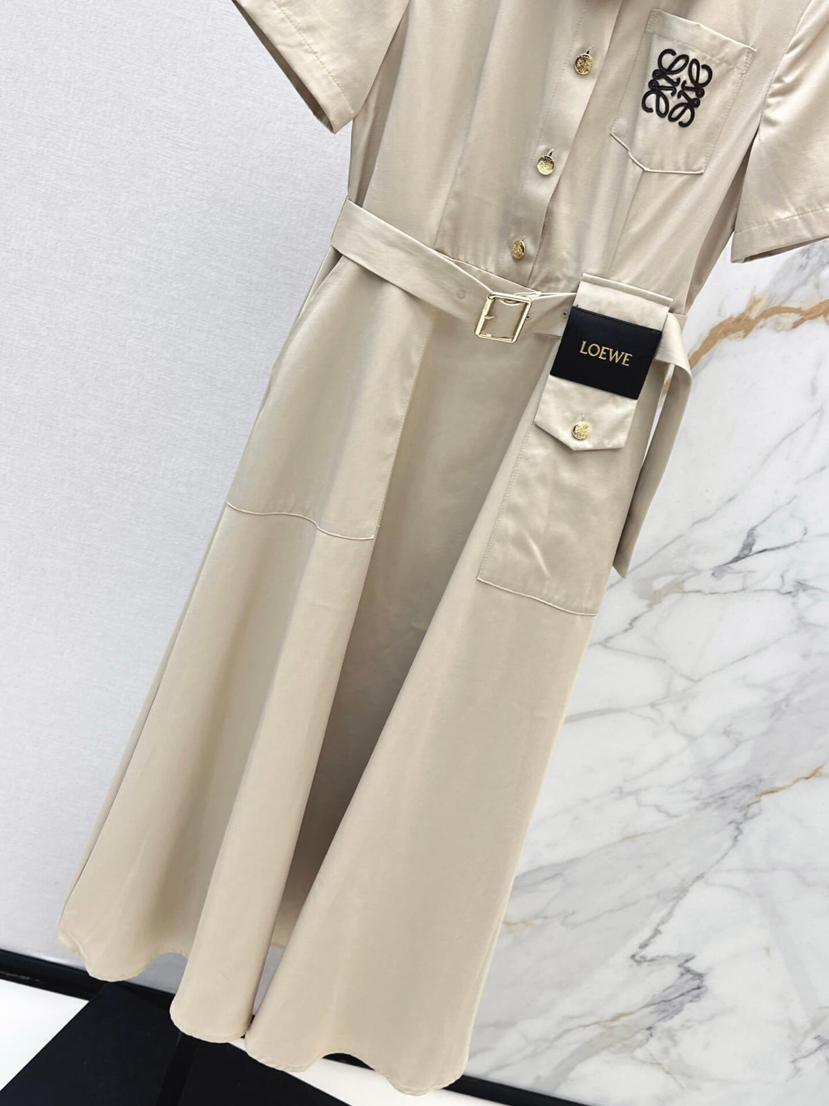 Lapel Short Sleeve Pocket Waist Tie Dress