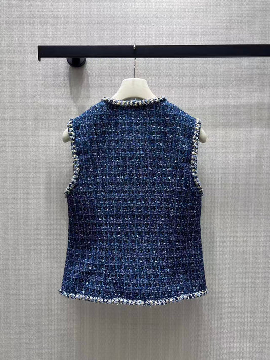 Mixed Yarn Openwork Blue Vest