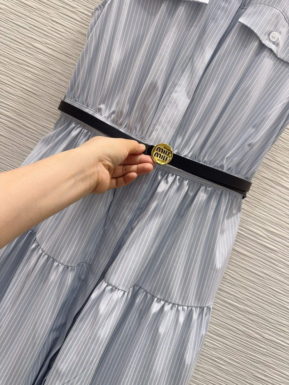 Blue Pinstripe Sleeveless Waist Tie Dress