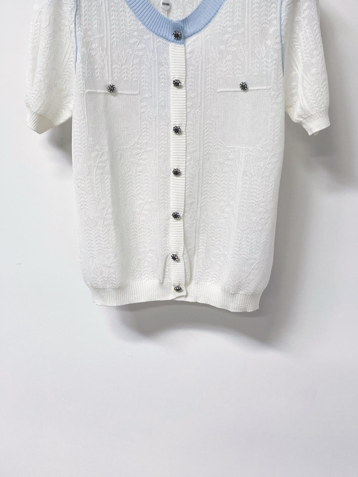 Jacquard V-Neck Short Sleeve Knit Cardigan