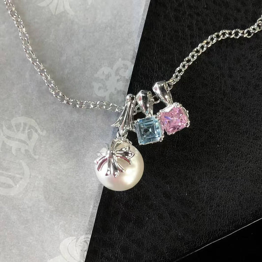 Cross Pearl & Colored Diamond Necklace