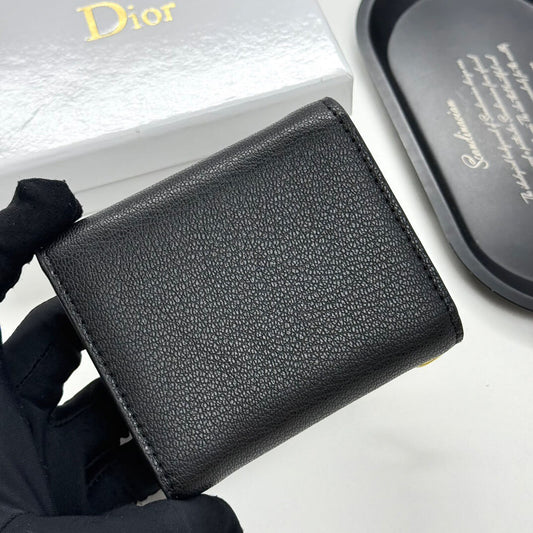 Black Grained Calfskin Short Card Holder Wallet