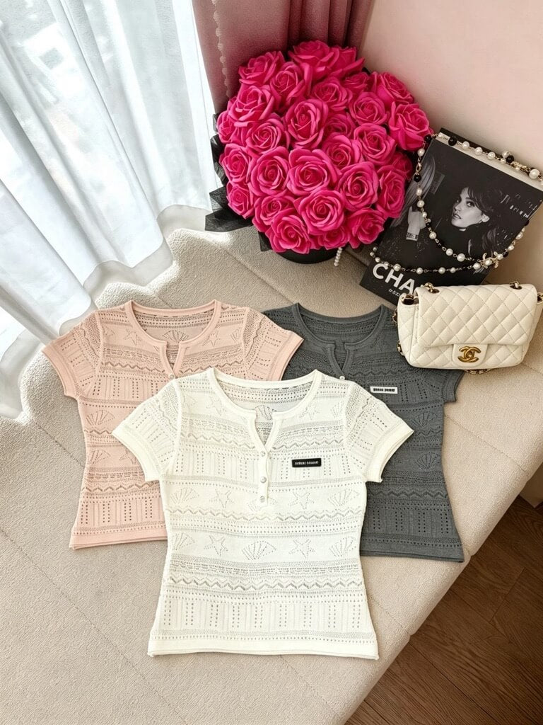 Hollow Stripe Textured Rib Knit Tee