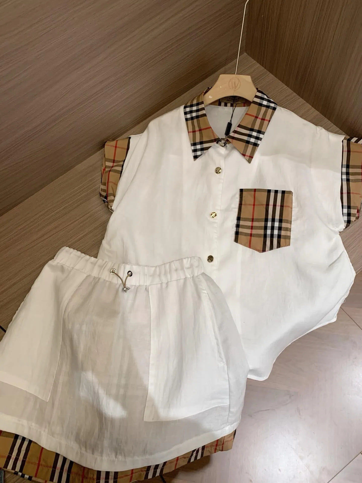 Vintage Plaid Patch Shirt Short Set