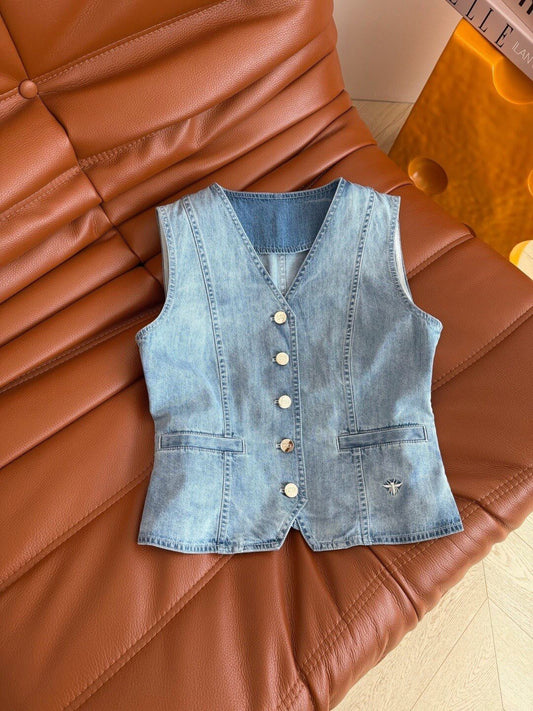 Embroidery Denim Vest Wide Leg Pant Set