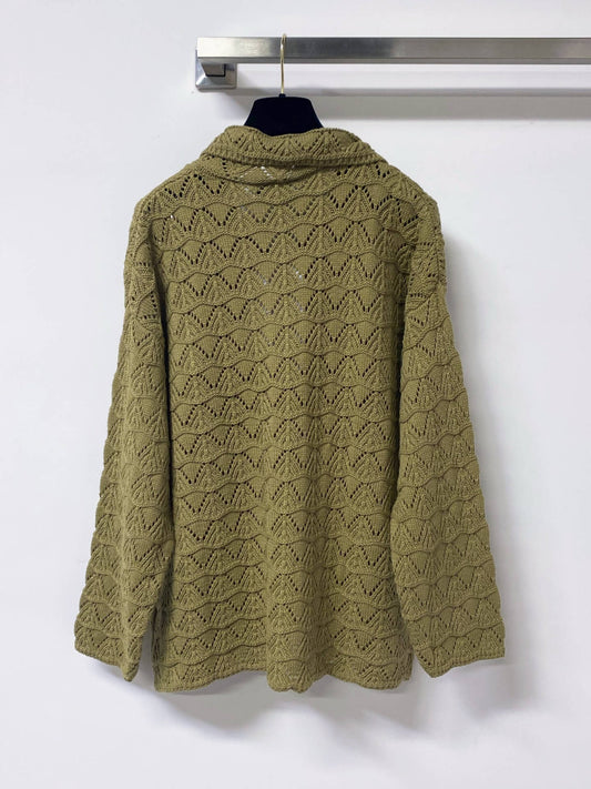 Polo Collar Hollow Knit Long Sleeve Top