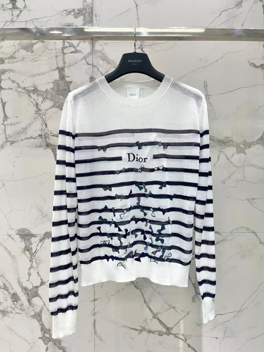 Bow Embroidery Stripe Knit Top