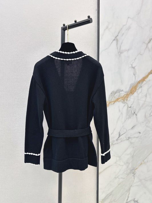 Black White Trim Belted Knit Cardigan
