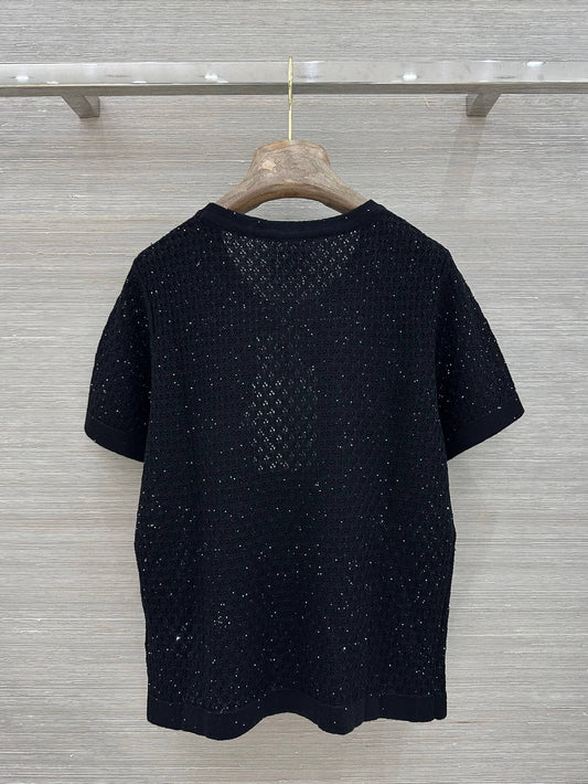 Floral Embroidered Bow Hollow Knit Short Sleeve