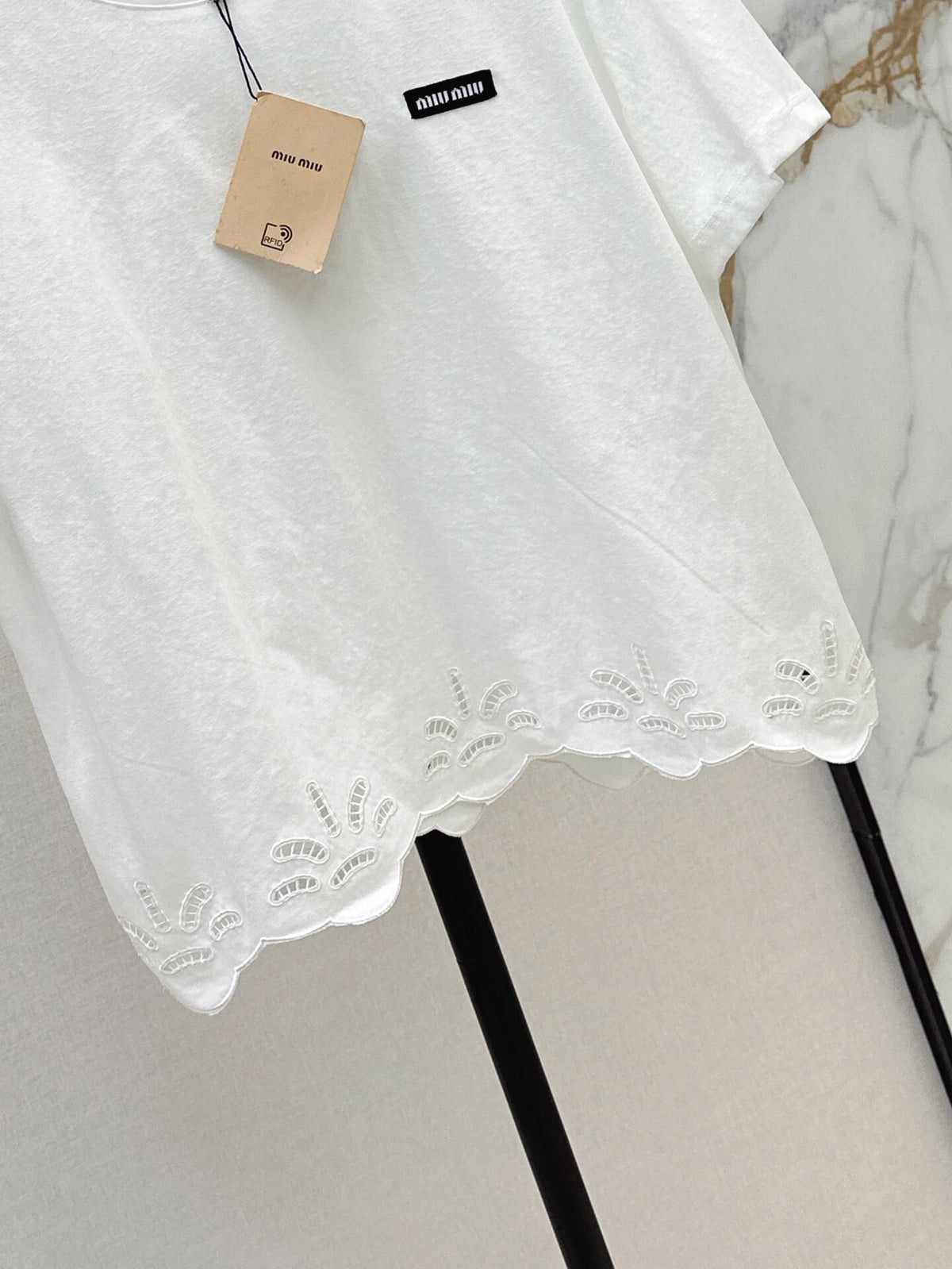 Eyelet Scalloped Hem Logo Patch Tee