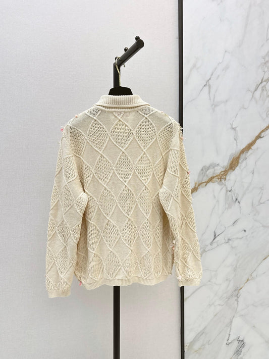 Diamond Ribbon Collared Knit Cardigan