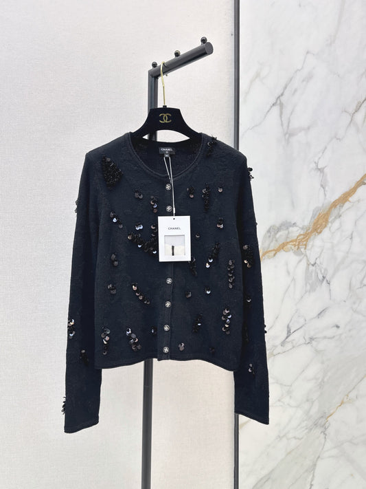 Neck 3D Sequin Knit Cardigan