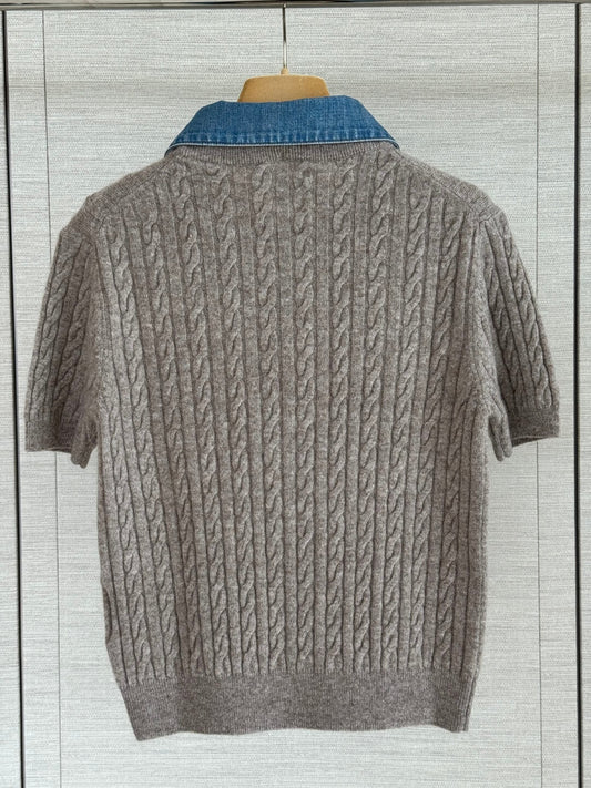 Cable Knit Denim Collar Top