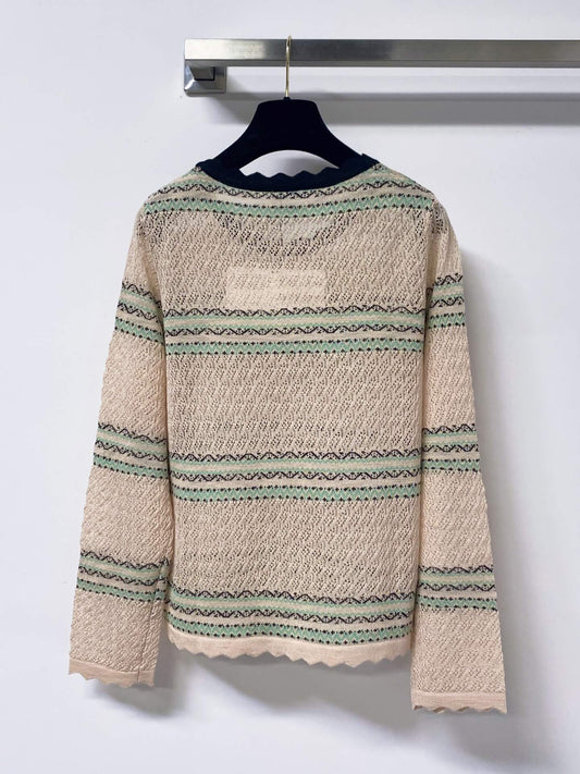 Scallop Neck Striped Hollow Knit Top