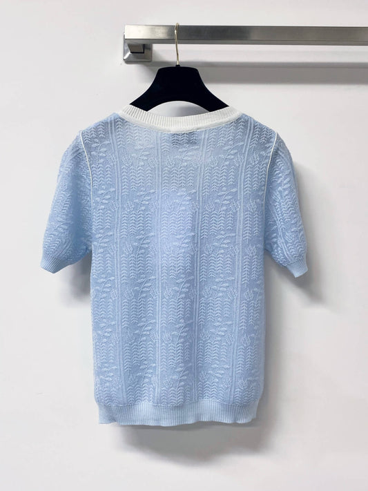 Jacquard V-Neck Short Sleeve Knit Cardigan