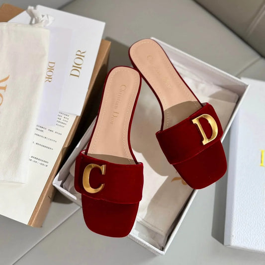 Metal Letter-Buckle Red Velvet Sandals