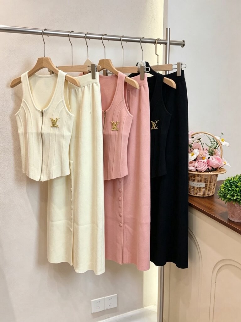Slim Vest Button Detail Midi Skirt Set