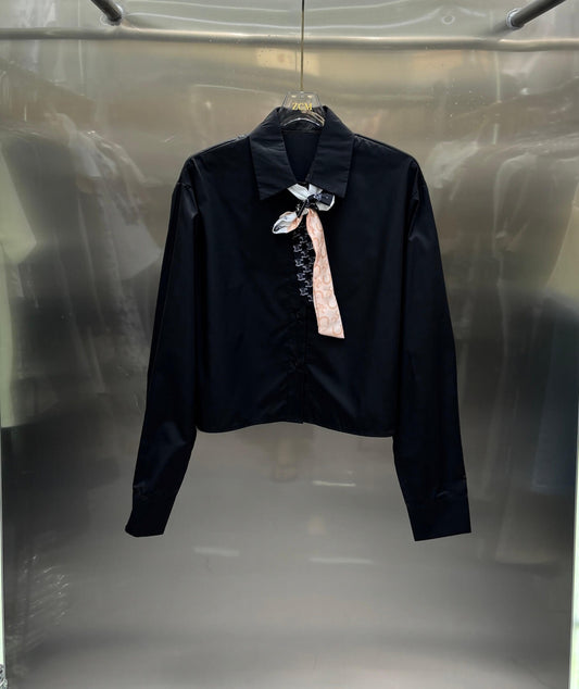Logo Print Ribbon Decor Long Shirt