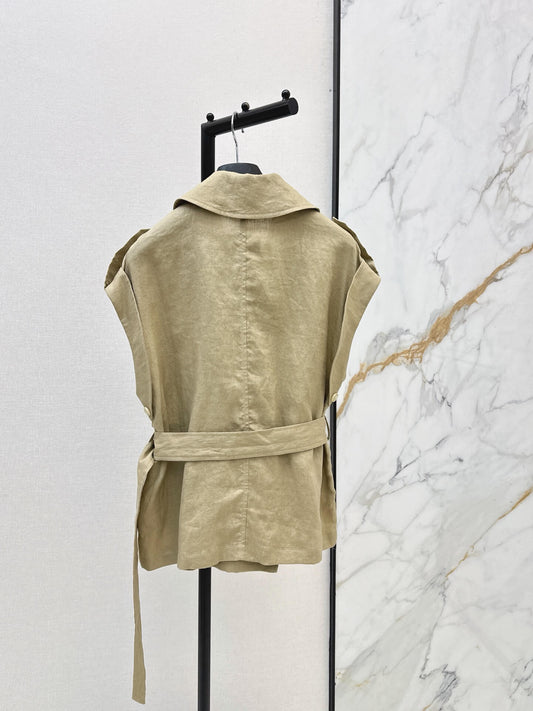 Belted Linen Trench Sleeveless Vest
