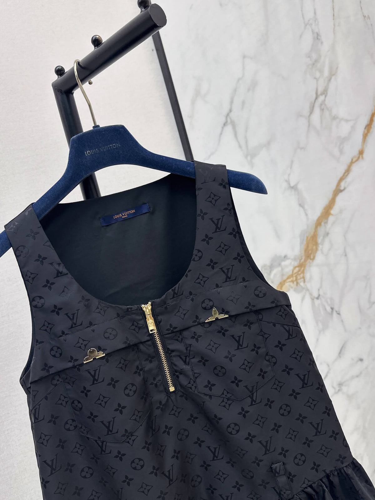 U-Front Zipper Flounce Hem Tank Dress