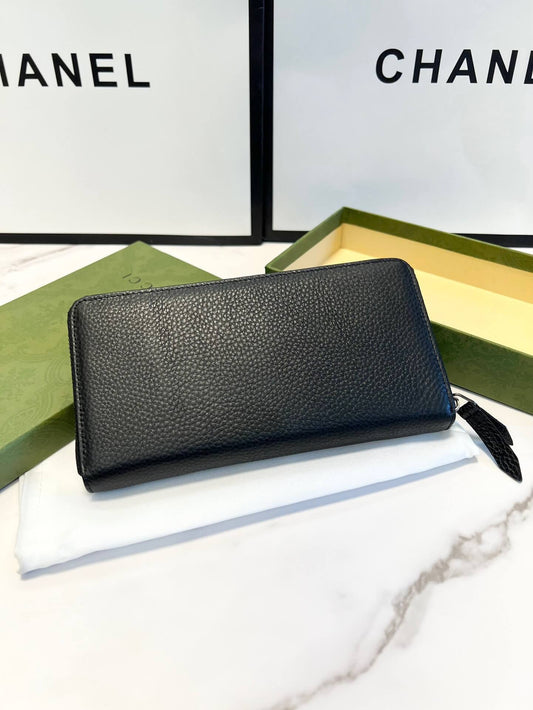 Black Grained Leather Logo Long Zip Wallet