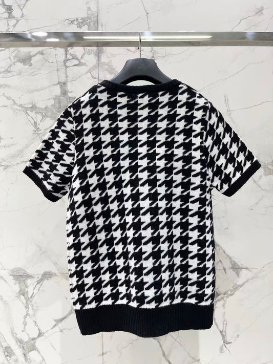 Houndstooth Bow Knit Short Sleeve