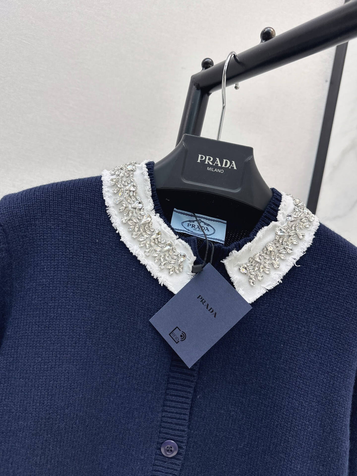 Navy Beaded Collar Knit Cardigan