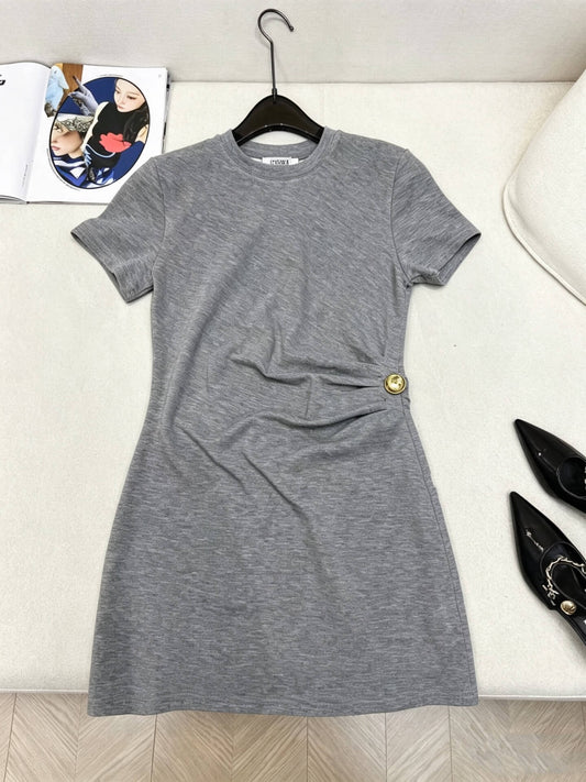 Gold Button Waist Short Sleeve Dress