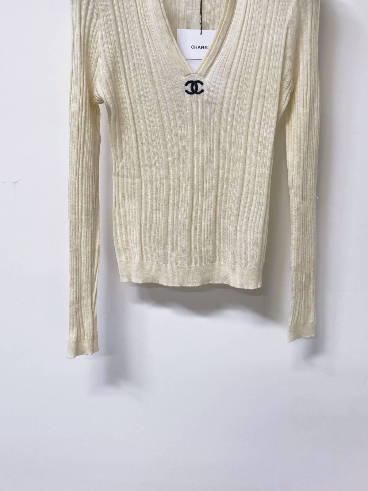 Polo V-Neck Rib Knit Long Sleeve Top