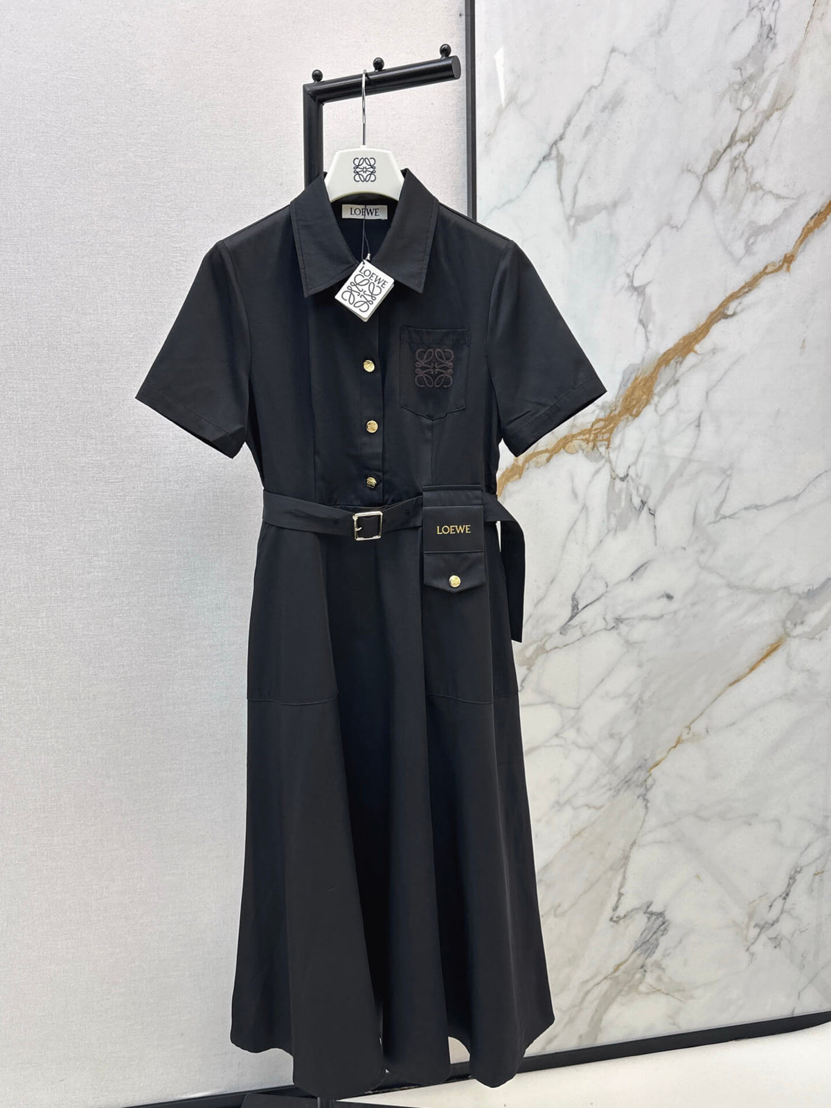 Lapel Short Sleeve Pocket Waist Tie Dress