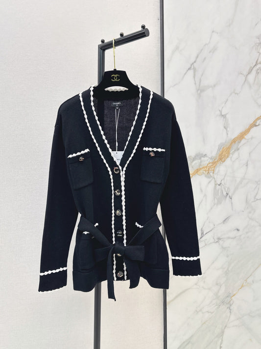Black White Trim Belted Knit Cardigan