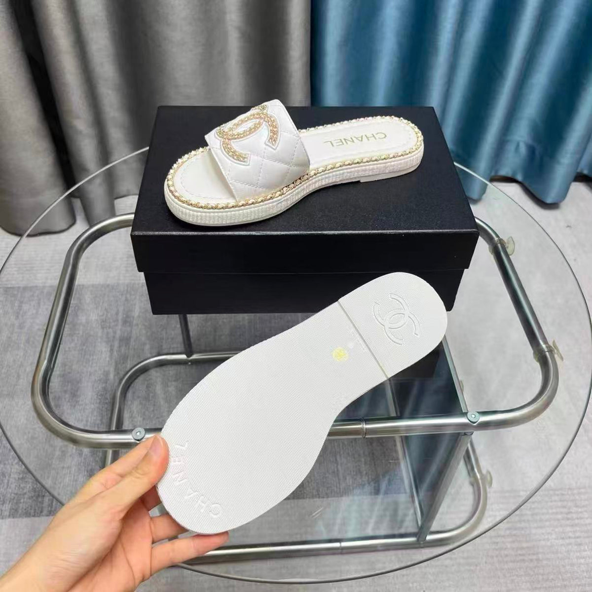 Chain-Trim Leather Slide Sandals
