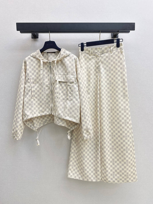 Checkered Hooded Jacket Wide Leg Pants Set