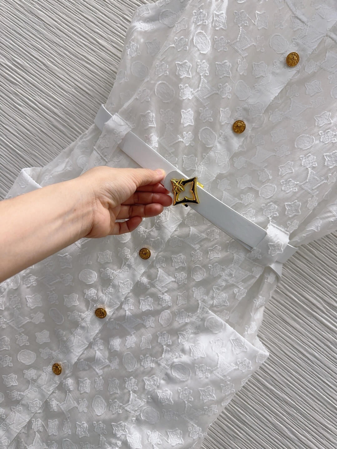 Point Collar Gold Button Pocket Dress