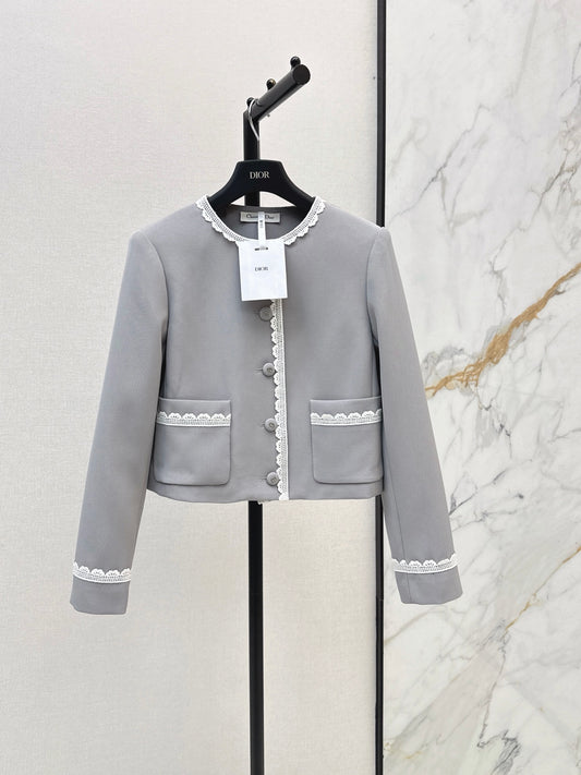 Grey Lace Trim Jacket and Skirt Set
