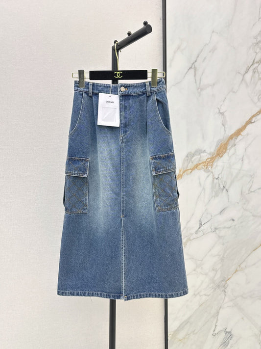 Cargo Denim Midi Skirt