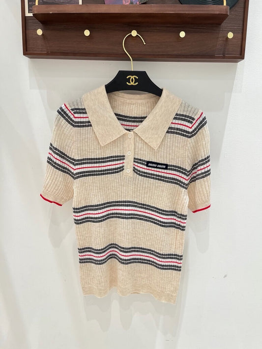 Color Stripe Collar Knit Vest And Top