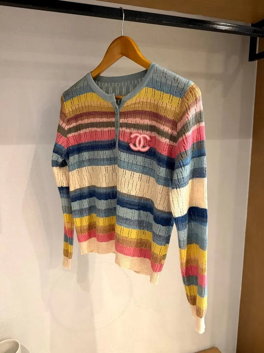 Color Stripe Knit Henley Sweater