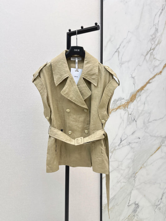 Belted Linen Trench Sleeveless Vest