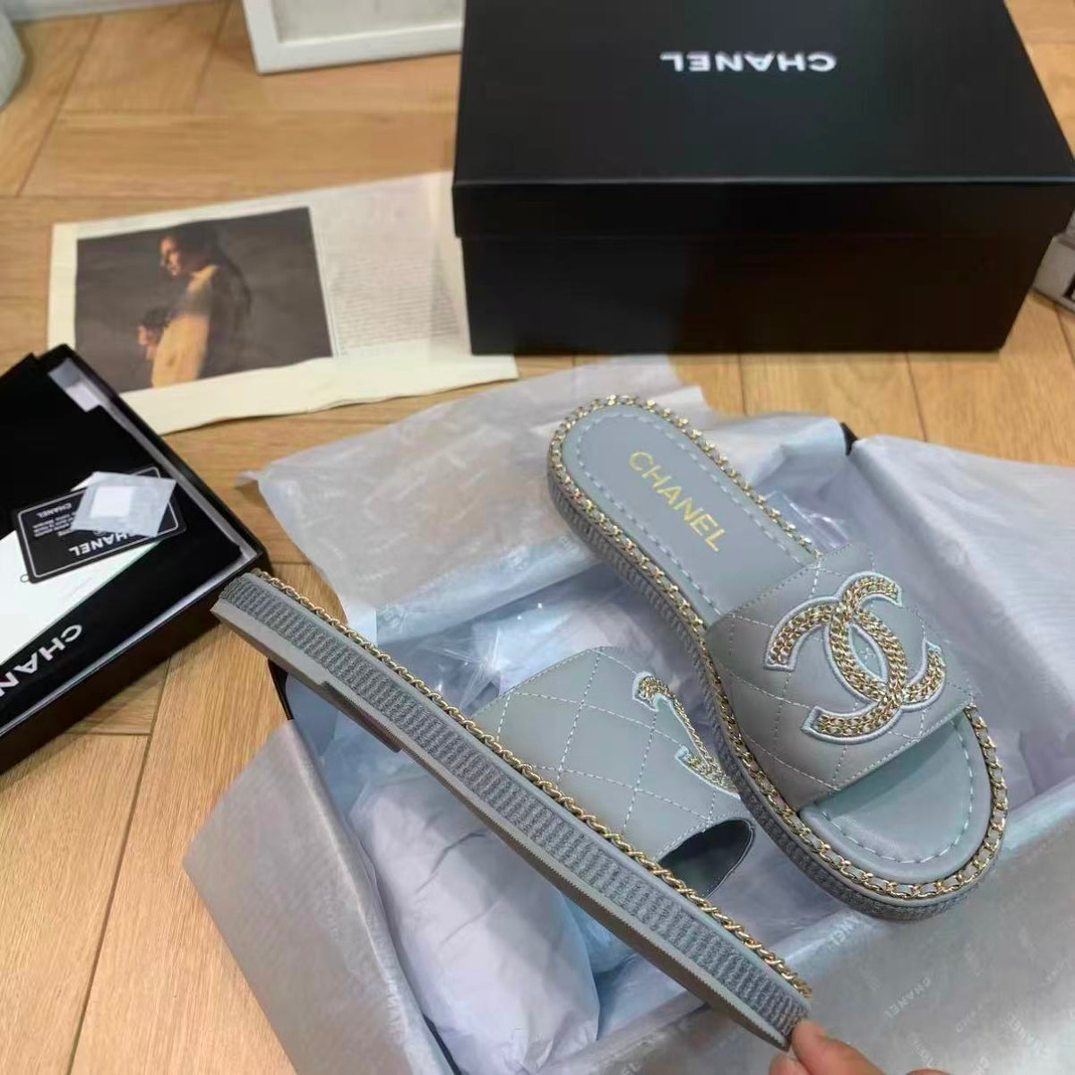 Chain-Trim Leather Slide Sandals