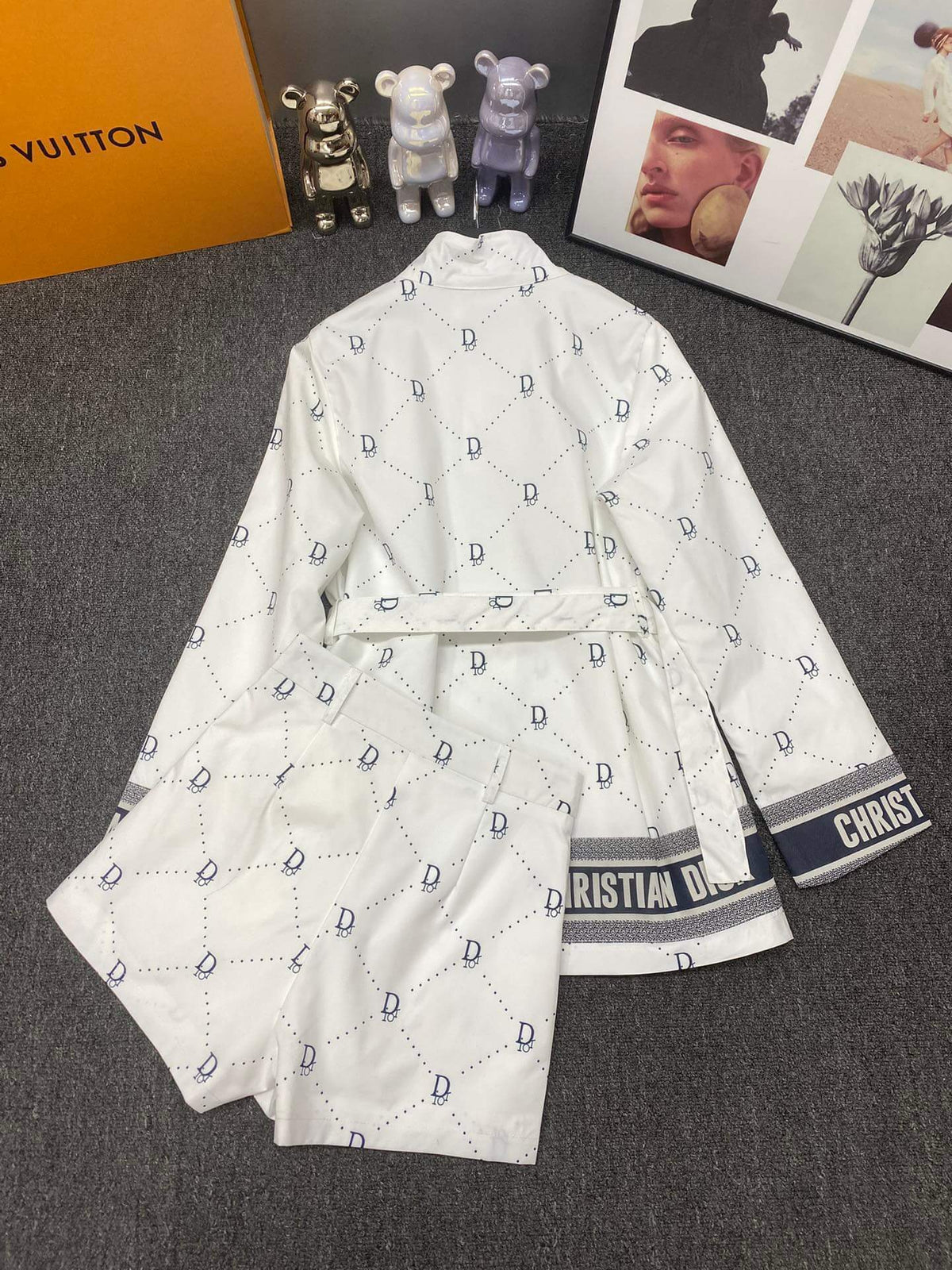 All Over Letter Print Stand Collar Jacket Skort Set