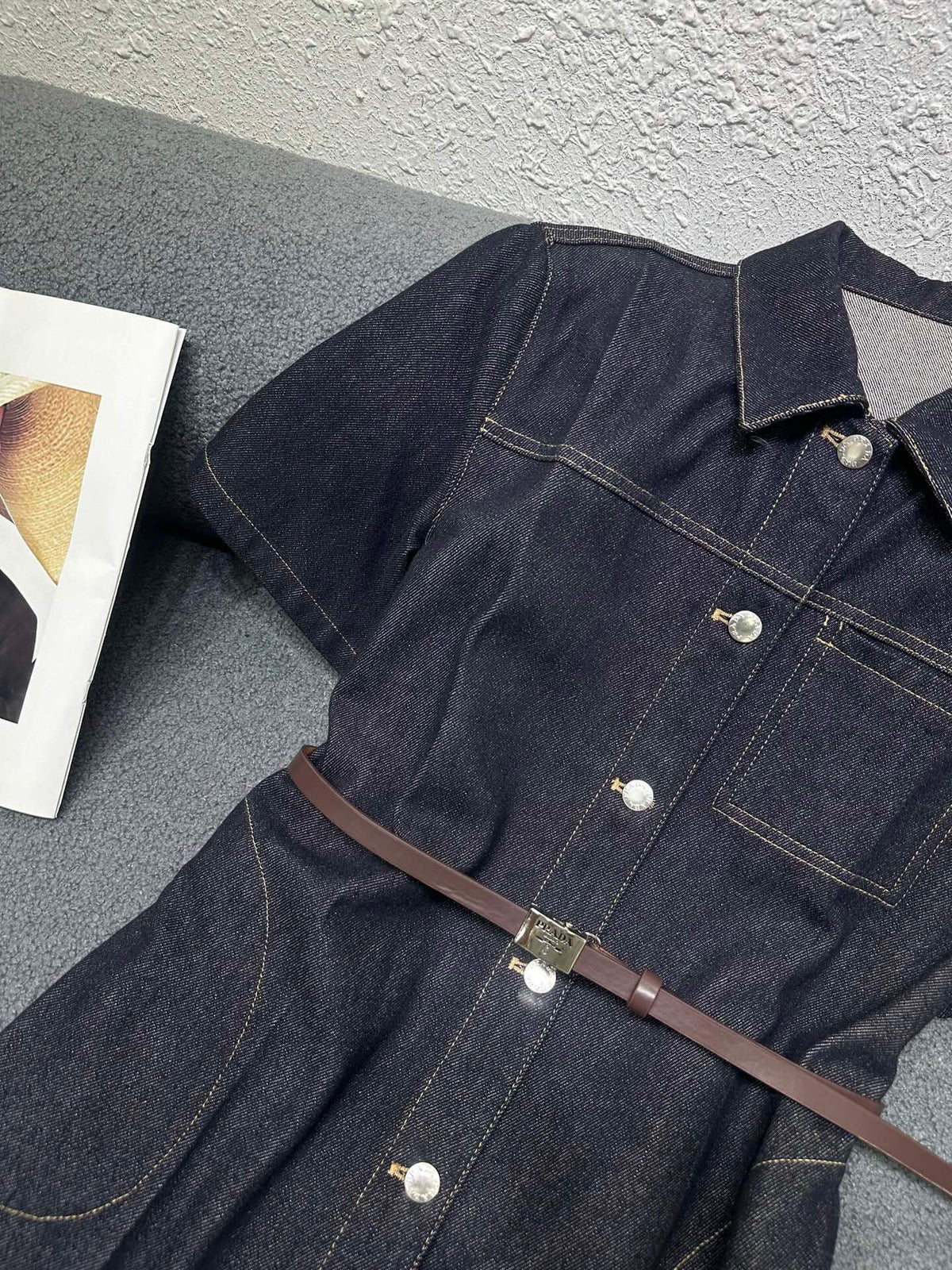 Belted Stitch Detail Denim Shirtdress