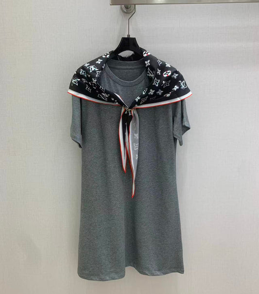 Scarf Print Cotton Short Sleeve Dress