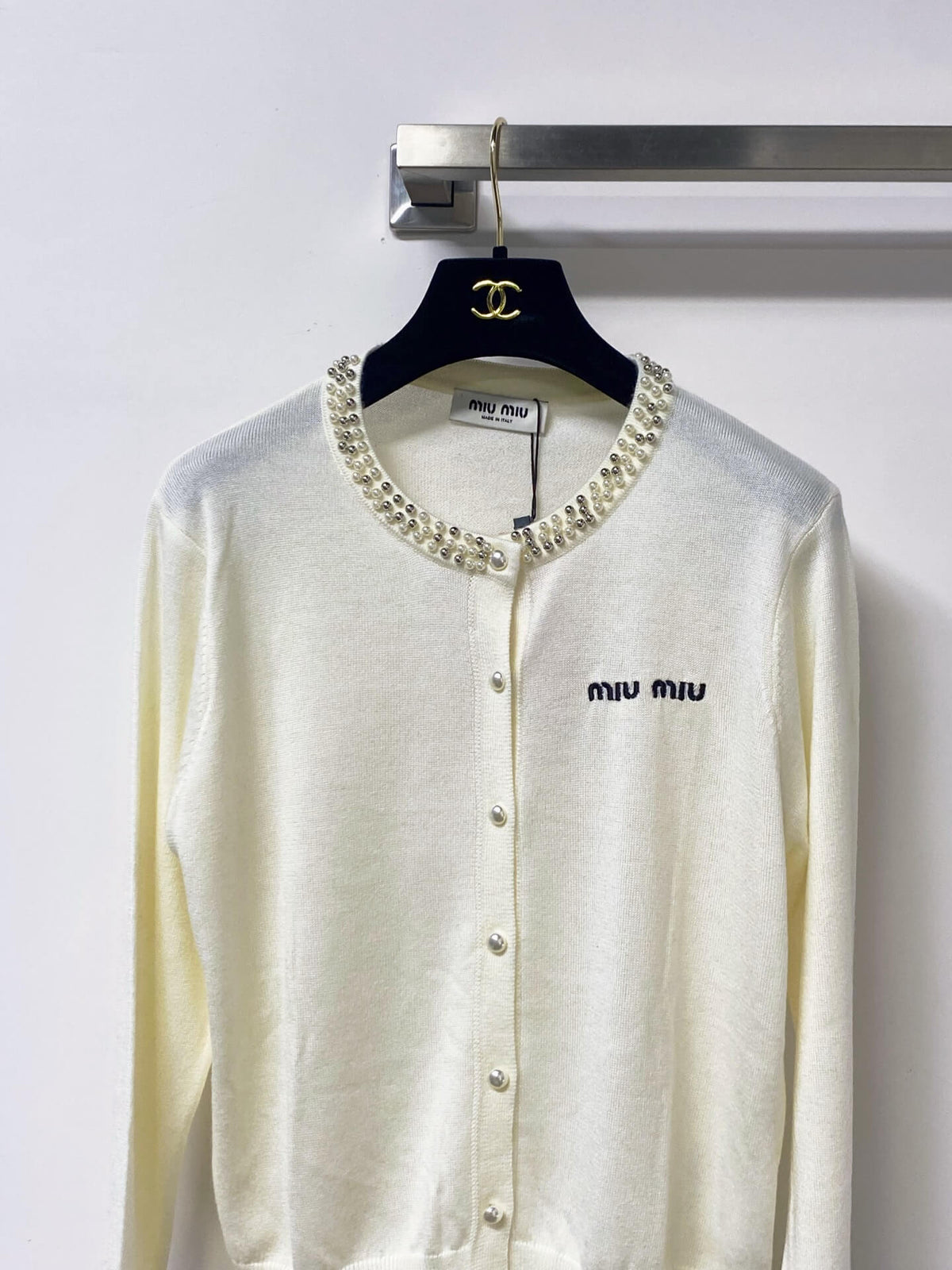 Pearl Trim Embroidered Knit Cardigan